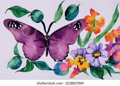 fondo vector de acuarela con flores y hojas, mariposa