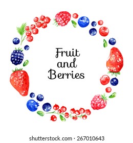 Watercolor vector background with fruits and berries. Vitamins. Round Frame.