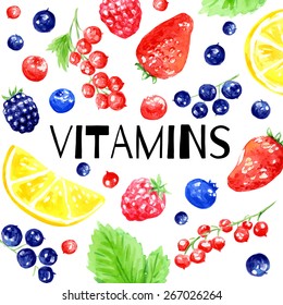 Watercolor vector background with fruits and berries. Vitamins. 