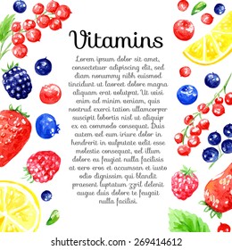 Watercolor vector background with fruits and berries. Vitamins. Frame.