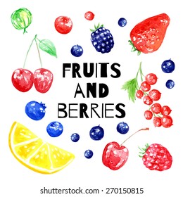 Watercolor vector background with fruits and berries. Vitamins. 