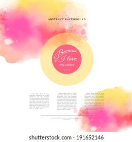 Watercolor vector background. Hand drawing with colored spots and blotches. Place for your text. 