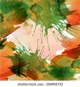 Watercolor vector background. Hand drawing with colored spots and blotches. Beautiful inscription in retro style - Saturday is happiness.