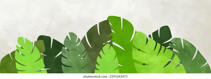 Watercolor vector background with isolated green leaves on a light backdrop. Botanical illustration.