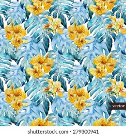 watercolor vector background with monstera leaves and yellow flowers