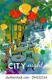 watercolor vector background of night city