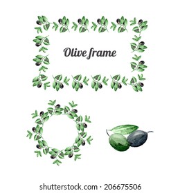 Watercolor vector background with olives. Frame.