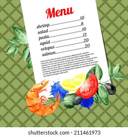 Watercolor vector background with olives and vegetables. Frame. Menu.