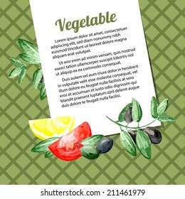Watercolor vector background with olives and vegetables. Frame. Menu.