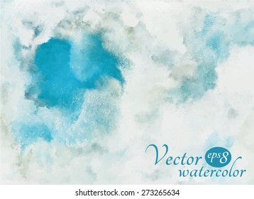 Watercolor vector background. A piece of heaven surrounded by clouds. Blue sky, shades of white. Painted backdrop with space for text. Fresco imitation. 