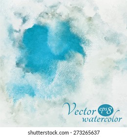 Watercolor vector background. A piece of heaven surrounded by clouds. Blue sky, shades of white. Painted backdrop with space for text. Fresco imitation. 