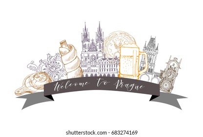 Watercolor vector background of Prague. Banner design