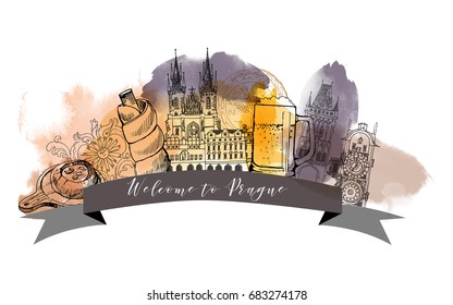 Watercolor vector background of Prague. Banner design