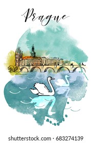 Watercolor vector background of Prague. Charles Bridge