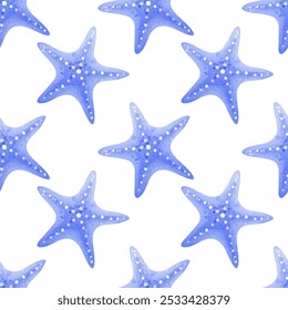 Watercolor vector background  with purple starfish. Seamless pattern  
for print, wallpaper