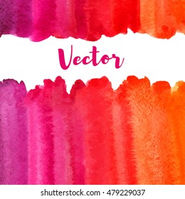 Watercolor vector background with space for text. Frame or border made of striped gradient fill - orange, red, pink. Brush drawn book cover idea. Fire, love colors. Artistic uneven edge.
