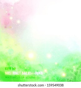 Watercolor vector  background with sparks. Spring colors.