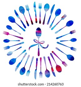 watercolor vector background of spoons, forks and knives in a circle