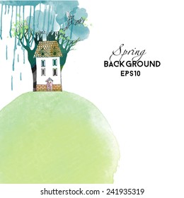 Watercolor vector background.  Spring landscape