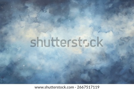 Watercolor vector background of starry night. Soft blue and gray hues calming atmosphere, with delicate cloud formations that evoke a sense of tranquility. For use in invitations, or inspiring designs
