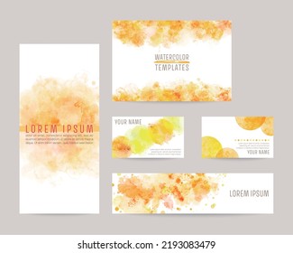 watercolor vector background templates; leaflet cover, card, business cards, banner (orange)