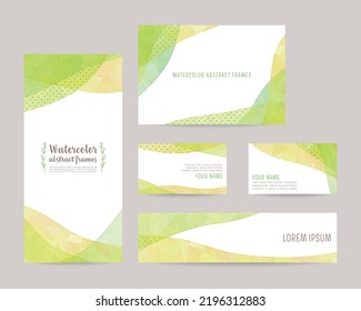 watercolor vector background templates; leaflet cover, card, business cards, banner (green)