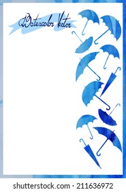 watercolor vector background for text with a cloud with rain and umbrellas in blue