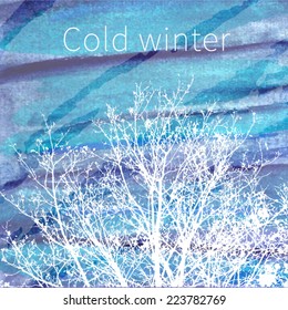 Watercolor vector background with text: Cold winter. Blue sky and white trees.