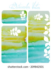 watercolor vector background for text with leaves in green colors