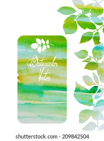 watercolor vector background for text with leaves in green colors