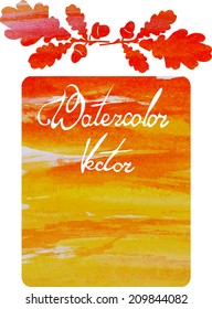 watercolor vector background for text with oak leaves in orange colors
