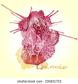 Watercolor vector background with tribal bird