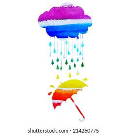 watercolor vector background with umbrella and a rain in the rainbow  