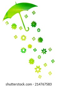 watercolor vector background with umbrella and a rain in green 