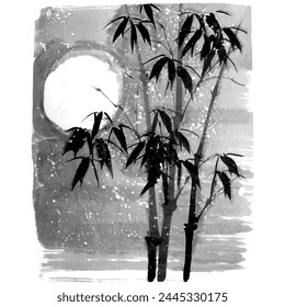 Watercolor vector of bamboo and moon. Traditional chinese ink and wash painting.