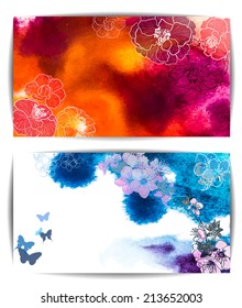 Watercolor vector banner, abstract hand drawn flowers