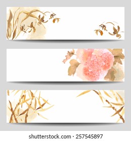 Watercolor vector banners in Oriental style. Wild Orchid, Hydrangea flowers, stalk of bamboo painted in the traditional Japanese style