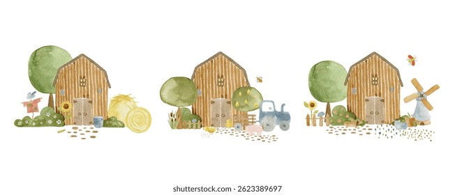 Watercolor Vector Barn Compositions – Rustic Countryside Scene. Perfect for invitation, poster and wall decoration