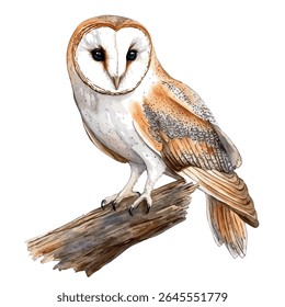 A watercolor vector of barn owl perched on wood, isolated on white background.