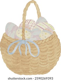 Watercolor vector basket with painted eggs, blue bow, Easter, for Printable Cards invitations greeting cards vector