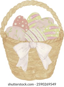 Watercolor vector basket with painted eggs, light soft purple bow, egg hunt, Easter, for Printable Cards invitations greeting cards vector