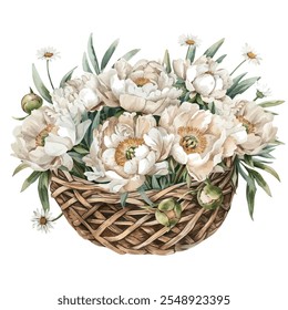 Watercolor vector of a basket of peonies and chamomile flowers, isolated on a white background, peonies vector
