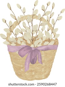 Watercolor vector basket of willow branches, purple bow, Easter, for Printable Cards invitations greeting cards vector