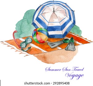 watercolor vector beach illustration with swimming elements