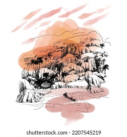 Vector de color de agua Escena de playa al atardecer