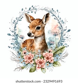Watercolor vector beautiful deer with flower frame
