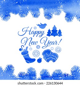 Watercolor vector  blue background with a vintage typography sign. Christmas fir tree. 