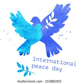 Watercolor vector blue dove postcard for international peace day