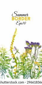 Watercolor vector border of summer wildflowers