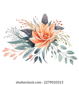 watercolor Vector. Botanical illustration. The composition of pink roses, flowers, colorful leaves, wild and garden herbs. Leaf, bouquets, twigs, elements. Collection of floral arrangements